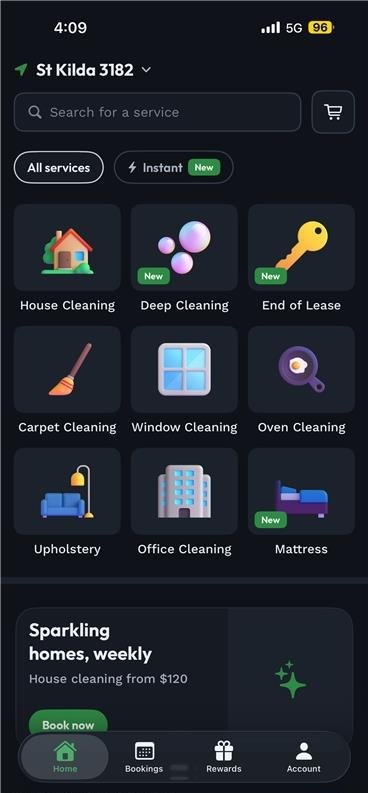 The HireJuno app home screen, showing the service grid with House Cleaning, Deep Cleaning, End of Lease and more, each with its own icon.